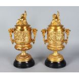 A PAIR OF GILDED BRONZE LIDDED URNS AND COVERS, decorated with classical figures and fruiting vines,