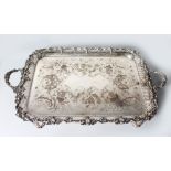 A GOOD RECTANGULAR TWO-HANDLED TEA TRAY with engraved body, the sides and handles cast with fruiting