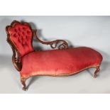 A GOOD VICTORIAN SHAPED BUTTON BACK CHAISE LONGUE, with buttoned and shaped back on cabriole legs