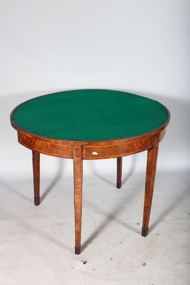 A GEORGE III FIGURED MAHOGANY HALF MOON CARD TABLE, with fold-over top, green baize interior, - Image 2 of 2