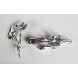 TWO ART NOUVEAU STYLE SILVER FLOWER BROOCHES.
