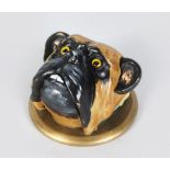 A COLD PAINTED BRONZE PUG DOG DESK BELL.