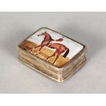 A SMALL WHITE METAL PILL BOX, the cover enamelled with a horse and jockey. 1.5ins wide.