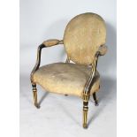 AN 18TH CENTURY ADAM DESIGN OVAL PADDED BACK ARMCHAIR, with black and gilt frame, on tapering legs