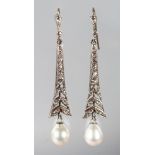 A PAIR OF 9CT GOLD ART DECO DESIGN BRILLIANT SET AND PEARL DROP EARRINGS.