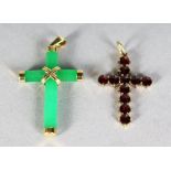 TWO 14CT GOLD CROSSES, JADE AND RUBY.