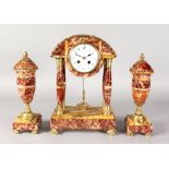 AN ART DECO COLOURED MARBLE THREE-PIECE CLOCK GARNITURE, the clock with eight-day movement, column