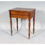 A SMALL VICTORIAN FIGURED WALNUT SIDE TABLE, with two frieze drawers, supported on turned and