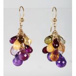A PAIR OF GOLD AND AMETHYST DROP EARRINGS.
