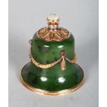 A SUPERB SMALL NEPHRITE BELL SHAPED SCENT BOTTLE, Possibly FABERGE, with gold mounts set with