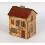 A SMALL GEORGIAN PAINTED HOUSE TEA CADDY, painted with windows, doors and foliage. 5.5ins high x
