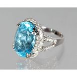 AN 18CT WHITE GOLD, LARGE BLUE TOPAZ AND DIAMOND RING, over 10cts.