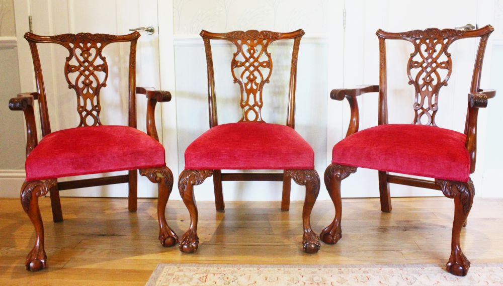 A GOOD SET OF EIGHT GEORGE III DESIGN MAHOGANY DINING CHAIRS, two with arms, with carved decoration,