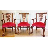 A GOOD SET OF EIGHT GEORGE III DESIGN MAHOGANY DINING CHAIRS, two with arms, with carved decoration,