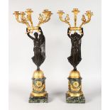 A SUPERB PAIR OF LOUIS XVI BRONZE AND GILT BRONZE CANDELABRA, with winged female figures holding