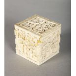 A SMALL CHINESE IVORY SQUARE BOX with sliding lid. 1.5ins.