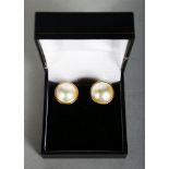 A LARGE PAIR OF 18CT GOLD PEARL EARRINGS.