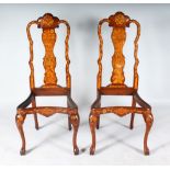 A PAIR OF 18TH CENTURY DUTCH MARQUETRY SINGLE CHAIRS, with serpentine fronts and cabriole legs