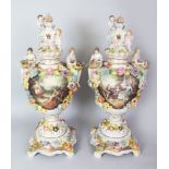 A GOOD LARGE PAIR OF MEISSEN STYLE URN SHAPED VASES, COVERS AND STANDS, painted and encrusted with