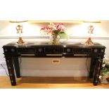 AN EASTERN LACQUER CONSOLE TABLE, with three frieze drawers, and all-over mother-of-pearl inlaid