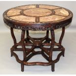 A LARGE GOOD QUALITY 19TH CENTURY CHINESE CIRCULAR PINK MARBLE TOP & MOTHER-OF-PEARL INLAID CARVED