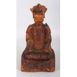 A GOOD QUALITY CHINESE CARVED WOOD FIGURE OF A BODHISATTVA, possibly Ming Dynasty, the deity