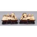 A MIRROR PAIR OF EARLY 20TH CENTURY CHINESE IVORY CARVINGS OF A DRAGON & ITS YOUNG, together with