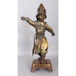 A GOOD LARGE 19TH CENTURY ORIENTAL BRONZE FIGURE OF A WARRIOR, standing on a shaped rectangular