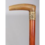 A HORN HANDLED MALACCA WALKING STICK, with an engraved shield centred metal collar, the horn