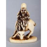 A GOOD JAPANESE EDO PERIOD IVORY NETSUKE OF FUKUROKUJU SEATED ON A DEER, the deer supported on an