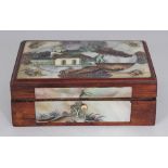 AN EARLY 20TH CENTURY CHINESE INLAID RECTANGULAR WOOD BOX, the hinged cover and sides decorated with