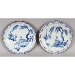 A SMALL PAIR OF 18TH CENTURY CHINESE BLUE & WHITE PORCELAIN DISHES, each painted with a water fowl