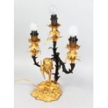 A GOOD FRENCH ORMOLU AND BRONZE THREE-LIGHT CANDELABRA, with three scrolling branches, the base with