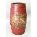 A PAINTED BARREL SHAPE STICK STAND, with armorial decoration. 1ft 10ins high.