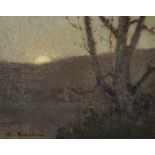 Tom Robertson (1850-1947) British. "Moonrise", A River Landscape, Oil on Board, Signed, and