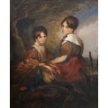 Early 19th Century English School. Two Young Girls with a Bundle of Corn, Watercolour, 21" x 17".