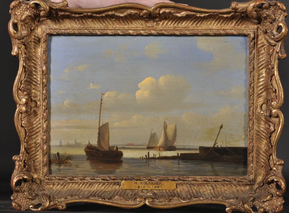 Hermanus Koekkoek (1815-1882) Dutch. "Dutch Scows", Shipping off the Coast, Oil on Panel, Signed - Image 2 of 4