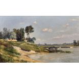 Maurice Levis (1860-1940) French. "La Seine", a River Landscape with Figures and a Cottage, Oil on