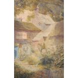 Circle of David Woodlock (1842-1929) British. Cottages around a Courtyard with Doves, Watercolour,