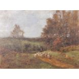 John Aborn (19th-20th Century) British. "A Grey Morning", A Landscape with Sheep and Drover on a