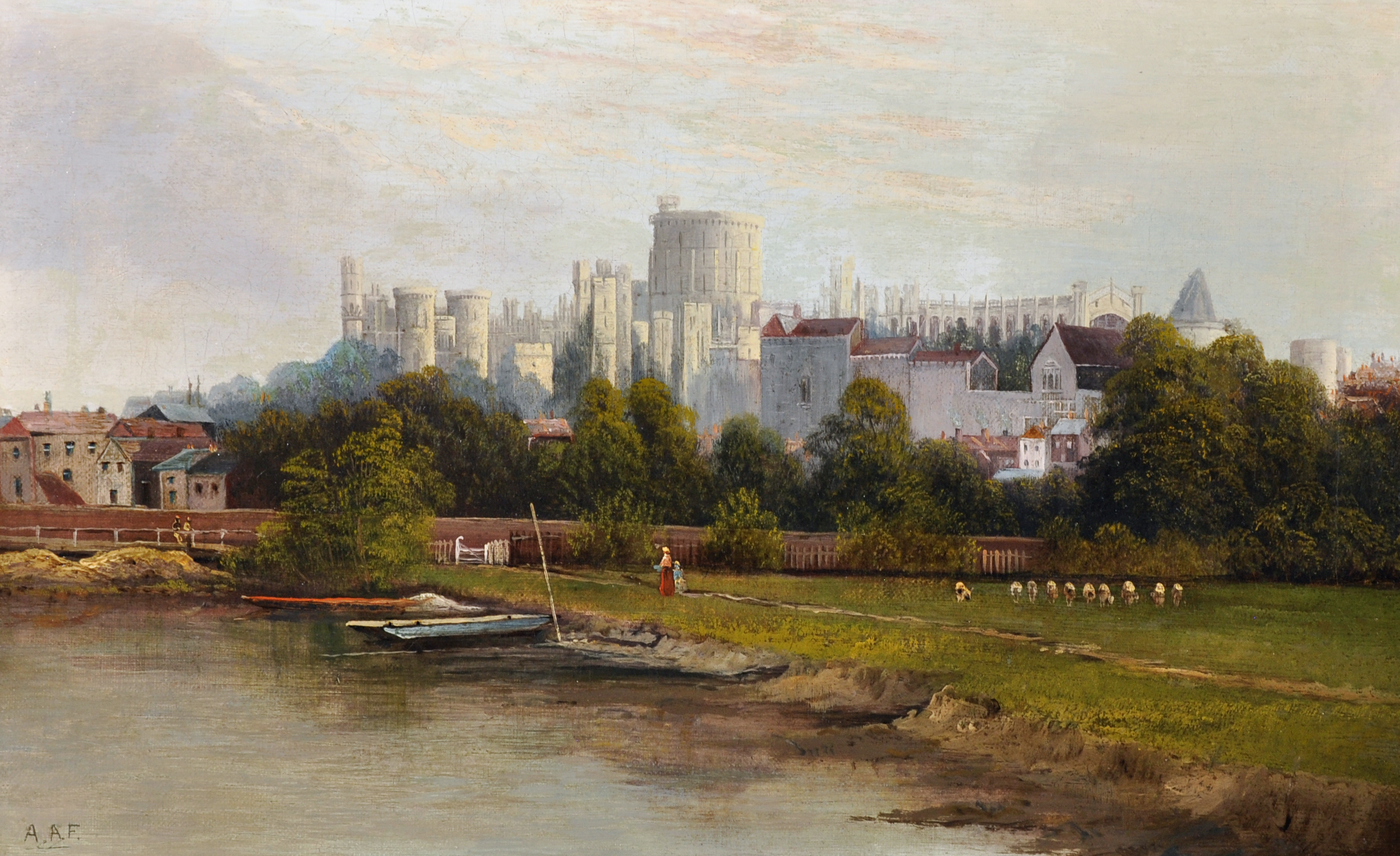 A...A...Finch (19th-20th Century) British. A View of Windsor Castle from the Thames with Figures