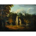 18th Century English School. Figures by a Cottage with a Church Behind, Oil on Canvas, 12" x 15.