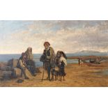 Carl Schloesser (1832-1914) German. "Sicilian Beggars", Figures on a Beach with a Fisherman Dragging