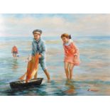 K...Hogan (20th Century) European. Young Children with Toy Sailing Boats on the Shore, Oil on