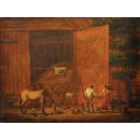 George Norbury Allsop (1811-?) British. "The Barn Door", Horses and Figures outside a Barn, Oil on