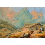 Alexandre Calame (1810-1864) Swiss. An Alpine Scene with Figures by a Chalet, Watercolour, Signed,