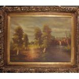 Late 19th Century Continental School. A River Landscape, Oil on Canvas, 28" x 39.5".