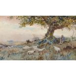 Oswald Garside (1879-1942) British. Landscape with Shepherd and Flock, Watercolour, Signed, 12.5"