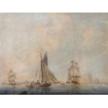 19th Century English School. A Three Mast Ship Firing Canons, with other Sailing Ships nearby,