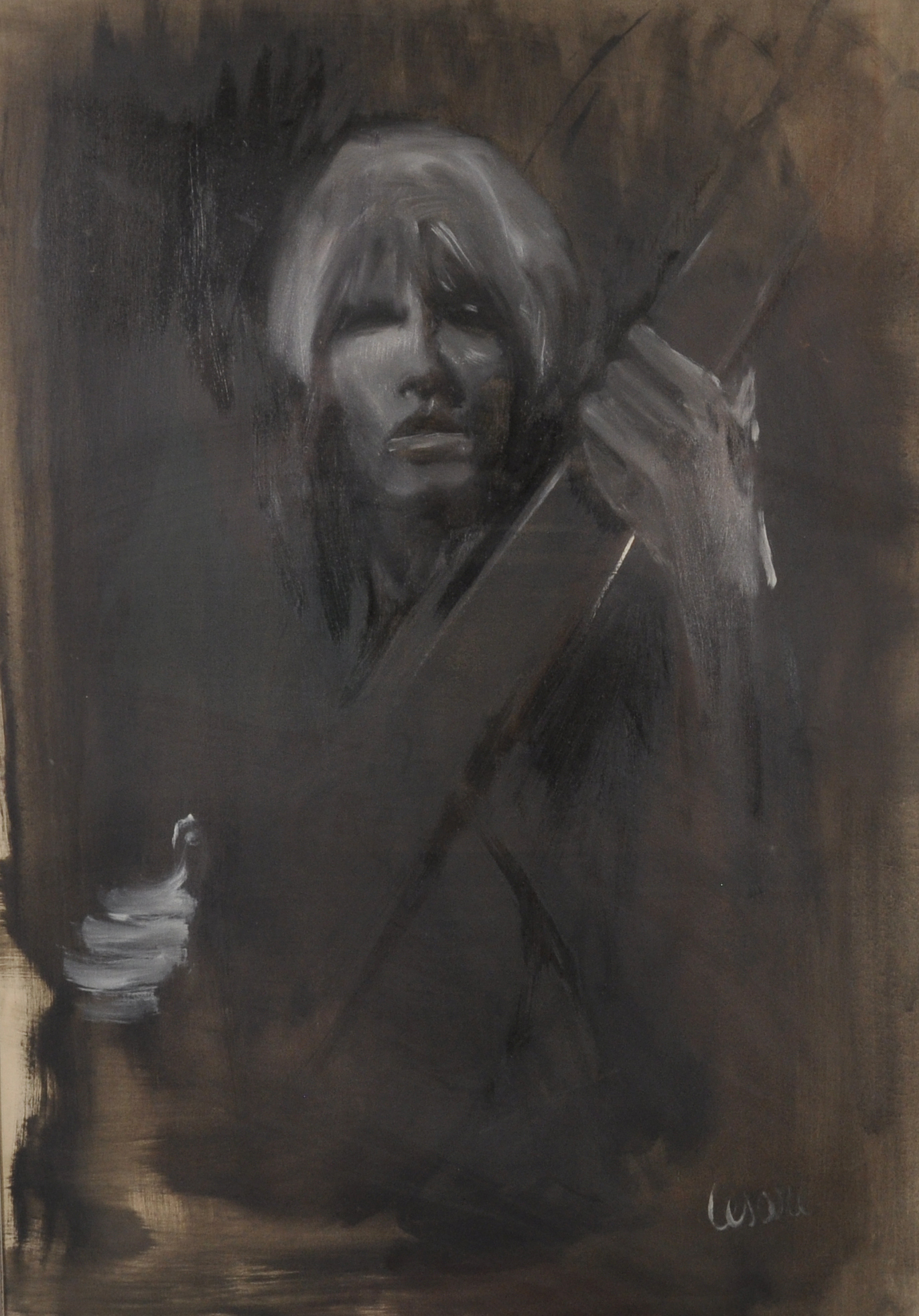...Cesare (20th Century) Italian. Study of a Musician, Oil on Canvas, Signed, 38" x 27".